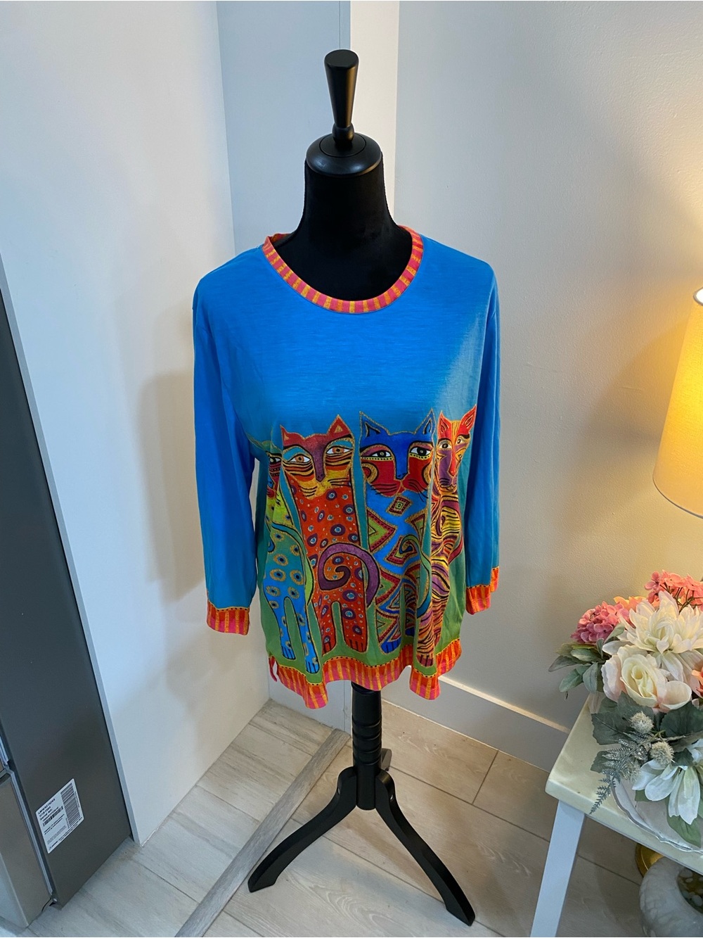 Laurel Burch Bright Blue Top with Multi-Color Cat Art